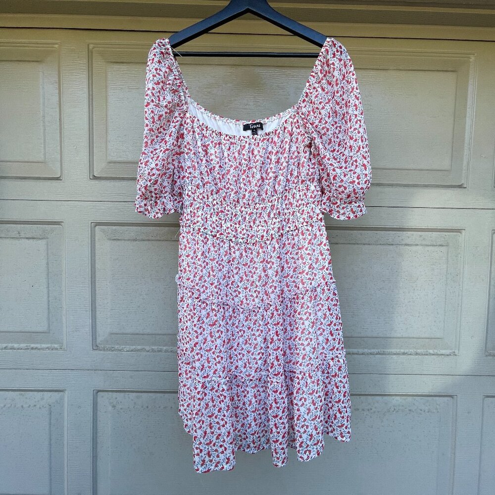 🥀 Trixxi Red Poppy Floral Mini Dress XL Smocked Waist Puff Sleeve Boho